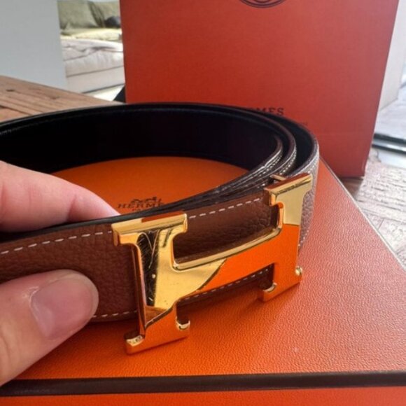 Hermes H Gold and Tan Calfskin Leather Belt. - Picture 3 of 6